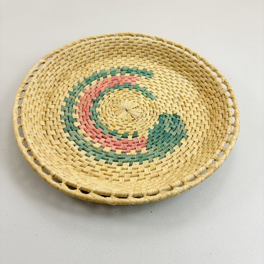 VINTAGE Woven Grass Southwestern Basket Tray 14.5" Bohemian Neutral Teal Pink